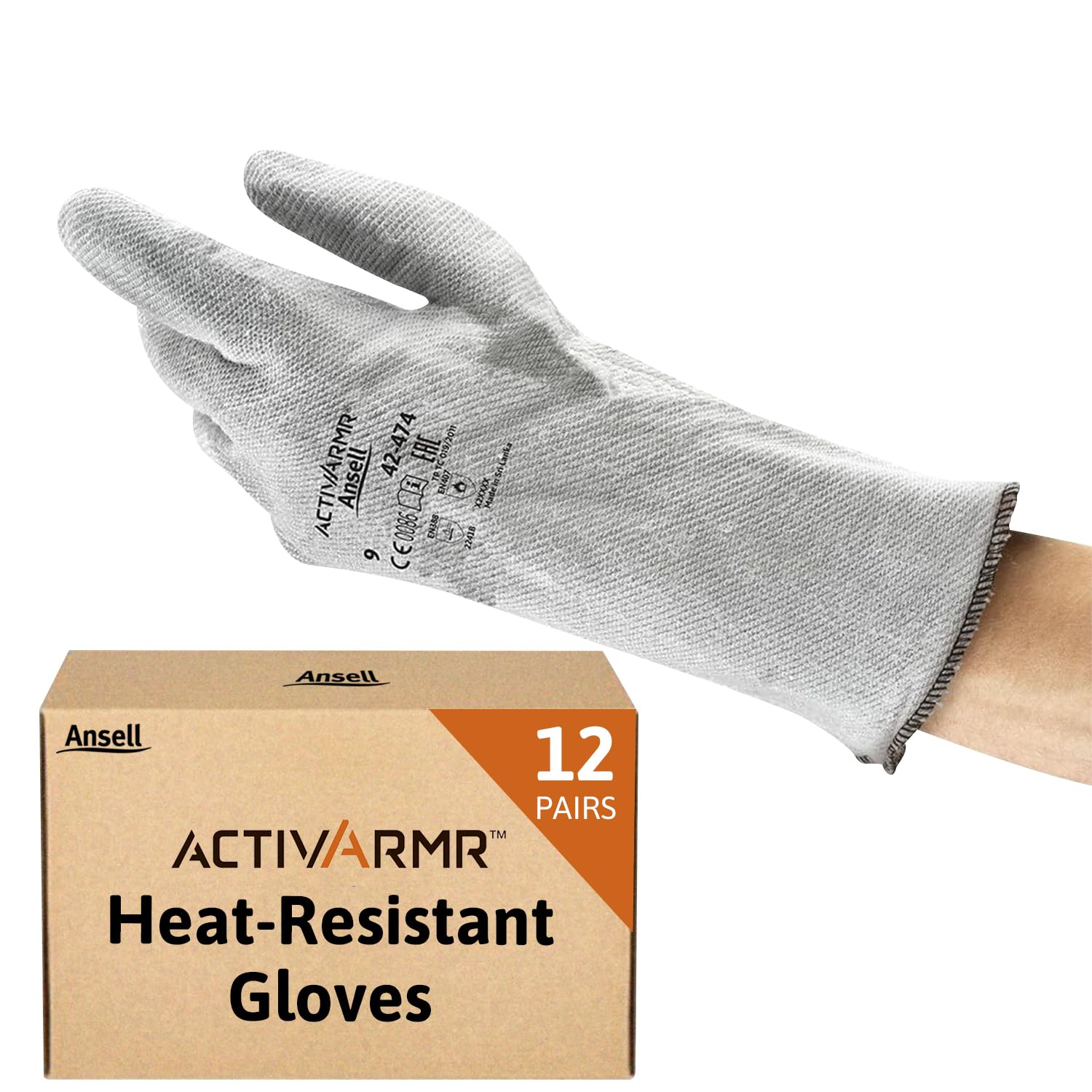 Ansell ActivArmr Heat Resistant Nitrile Gloves, Industry Safe PPE, Special Mechanics & Chemical Use, Professional Protective Gloves, Grey, Large, 12 Pairs