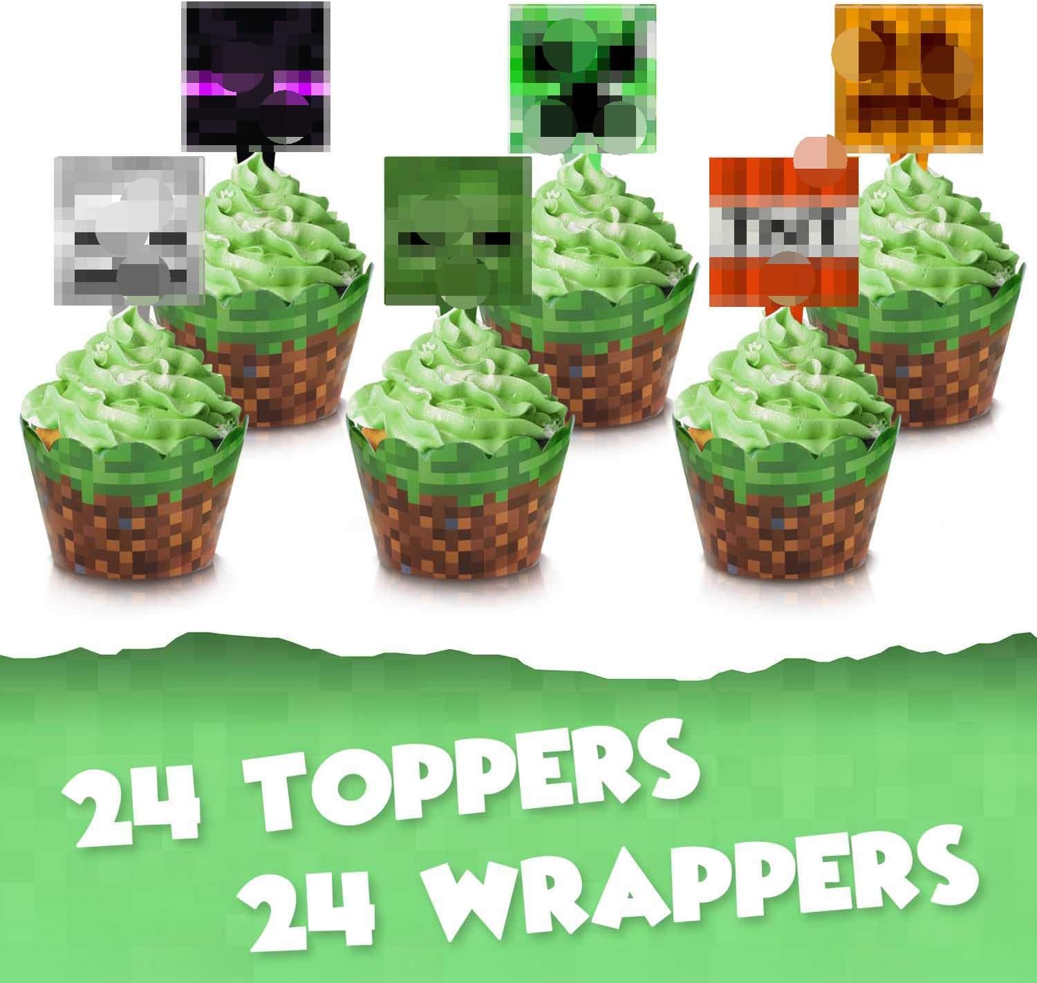 Video Game Pixel Cupcake Toppers and Wrappers Happy Birthday Block Scared Games Bomb Party Decor Perfect for Baby Shower Child Birthday Party Supplies Decorations 24pcs