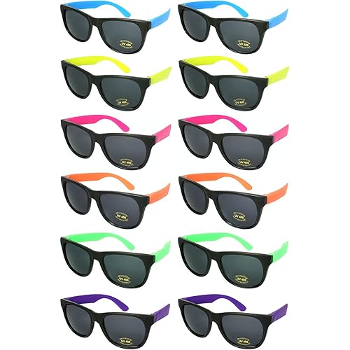 Edge I-Wear 12 Pack 80’s Style Neon Party Sunglasses Adult/Kid Size with CPSIA certified-Lead(Pb) Content Free