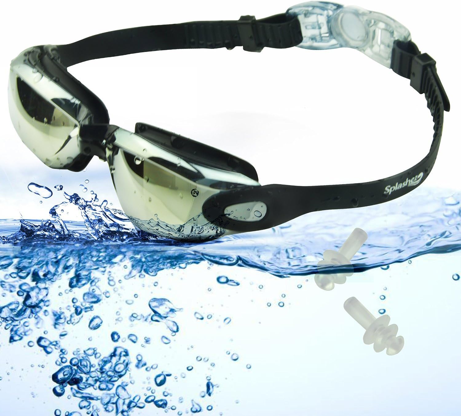 Splashez Waterproof Swimming Goggles for Men and Women - 100% U.v. Protection, Anti-shatter, Anti-fog, Mirror Coated Lenses! Easily Adjustable, Environment Friendly Strap with Plastic Buckle for Easy Removal! + Free Ear Plug