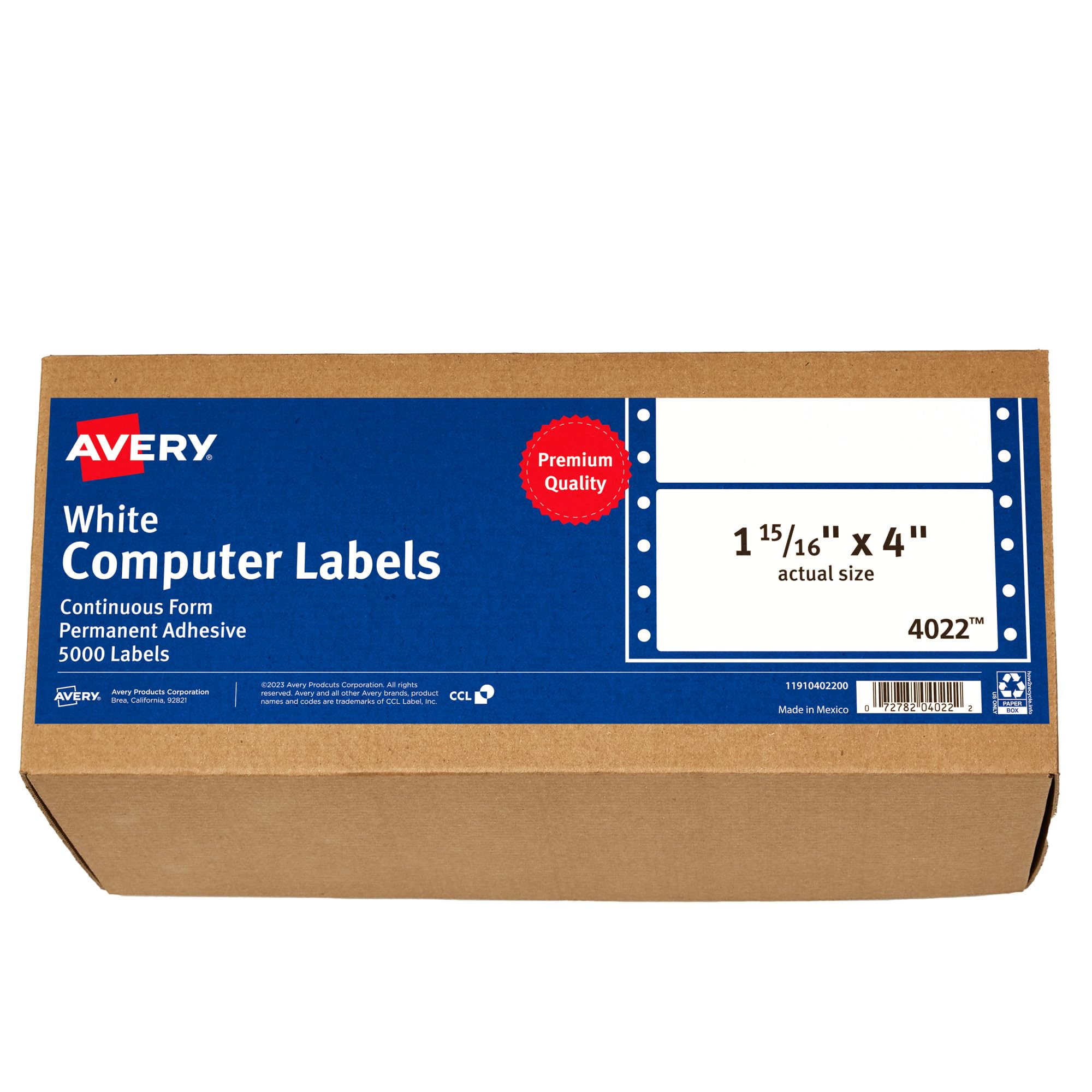 Avery 4022 Dot Matrix Mailing Labels, 1 Across, 1 15/16 x 4, White (Box of 5000)