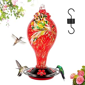 Aucied Hummingbird Feeders for Outdoors, Hand Blown Glass Hummingbird Feeder with Perch- 40 Fluid Ounces- Attractive Pattern & Color, Red Flower Shaped Ports, 100% Leakproof, Easy to Clean & Fill