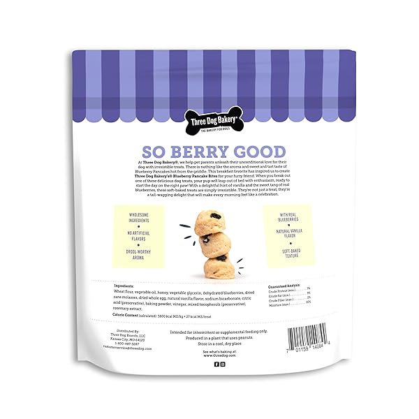 THREE DOG BAKERY BLUEBERRY PANCAKE BITES – DOG TREATS WITH REAL BLUEBERRIES & VANILLA, DOG TRAINING TREATS, PUPPY TREATS, DOG TREAT COOKIES