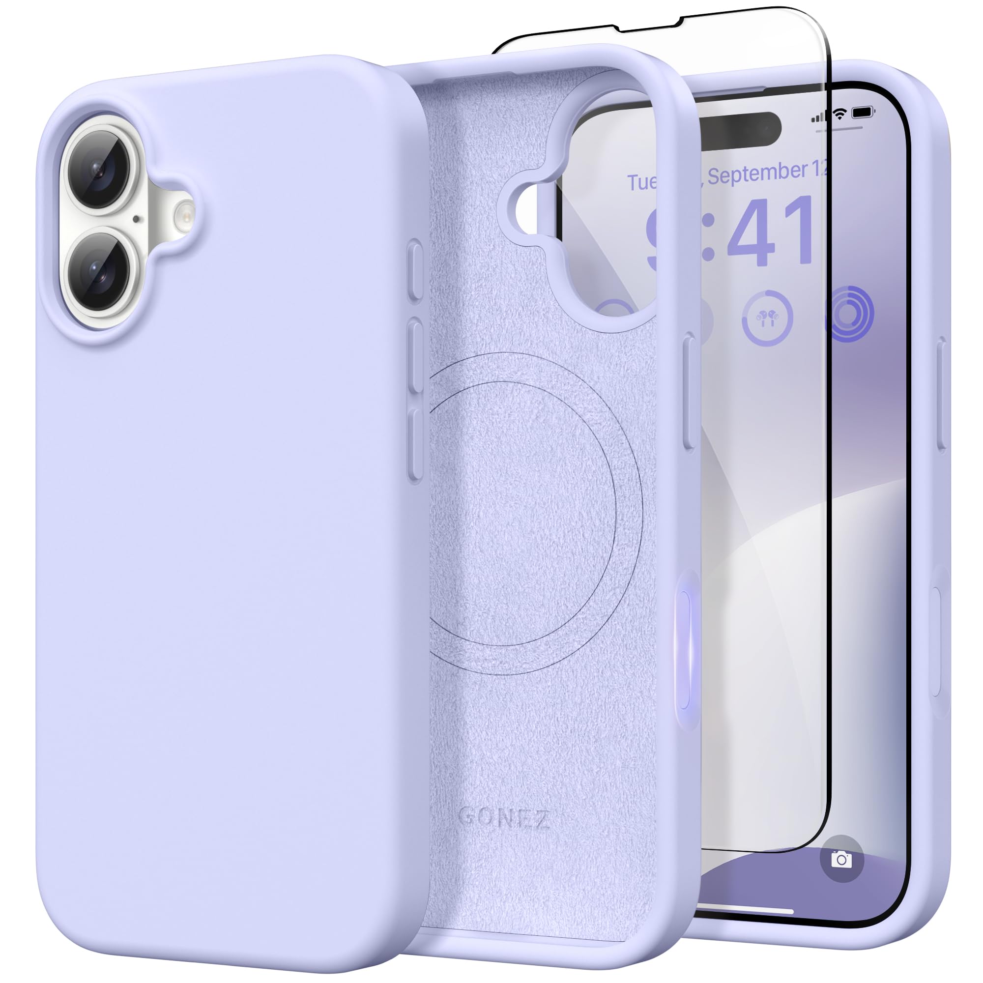 GONEZ Magnetic for iPhone 16 Case, [Compatible with Magsafe] [Screen Protector + Camera Lens Protector], Liquid Silicone Shockproof Protective Phone Case for iPhone 16 6.1", Lilac