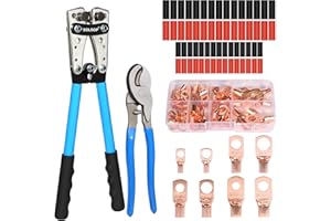 Solsop Battery Cable Crimper Tool for AWG 10, 8, 6, 4, 2, 1/0 Gauge Electrical Lug, Battery Lug Crimping Tool with 60PCS Copper Wire Lugs and Heat Shrink Tubing, Cable Cutter