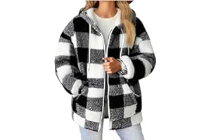 Women Fleece Plaid Zip Up Hoodies Fuzzy Warm Full-Zip Shacket Fall Winter Plush Hooded Jackets Coat with Pocket