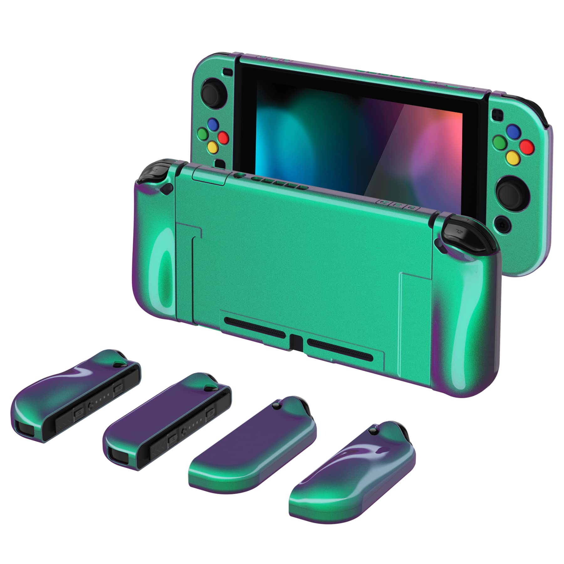 PlayVital AlterGrips Ergonomic Grips Cover for Nintendo Switch, [2 Design] Interchangeable Comfort Dockable Protective Case with Screen Protector & Thumb Grip Buttons Caps - Chameleon Green Purple