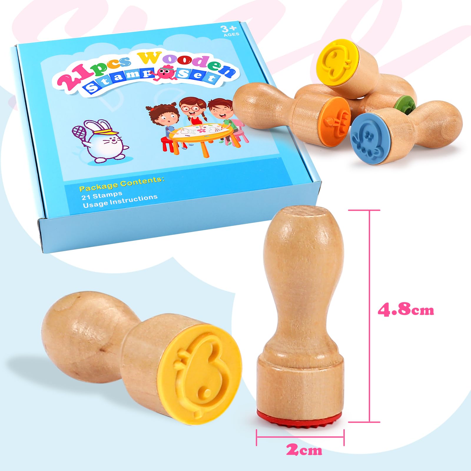 MeCids Stamps for Kids, 21Pcs Wooden Stamp Set - Animal Stamps Star Rainbow Cute Pattern Stamp for Kids Birthday Gift Party Favor Carnival Prizes, Kid Art Projects