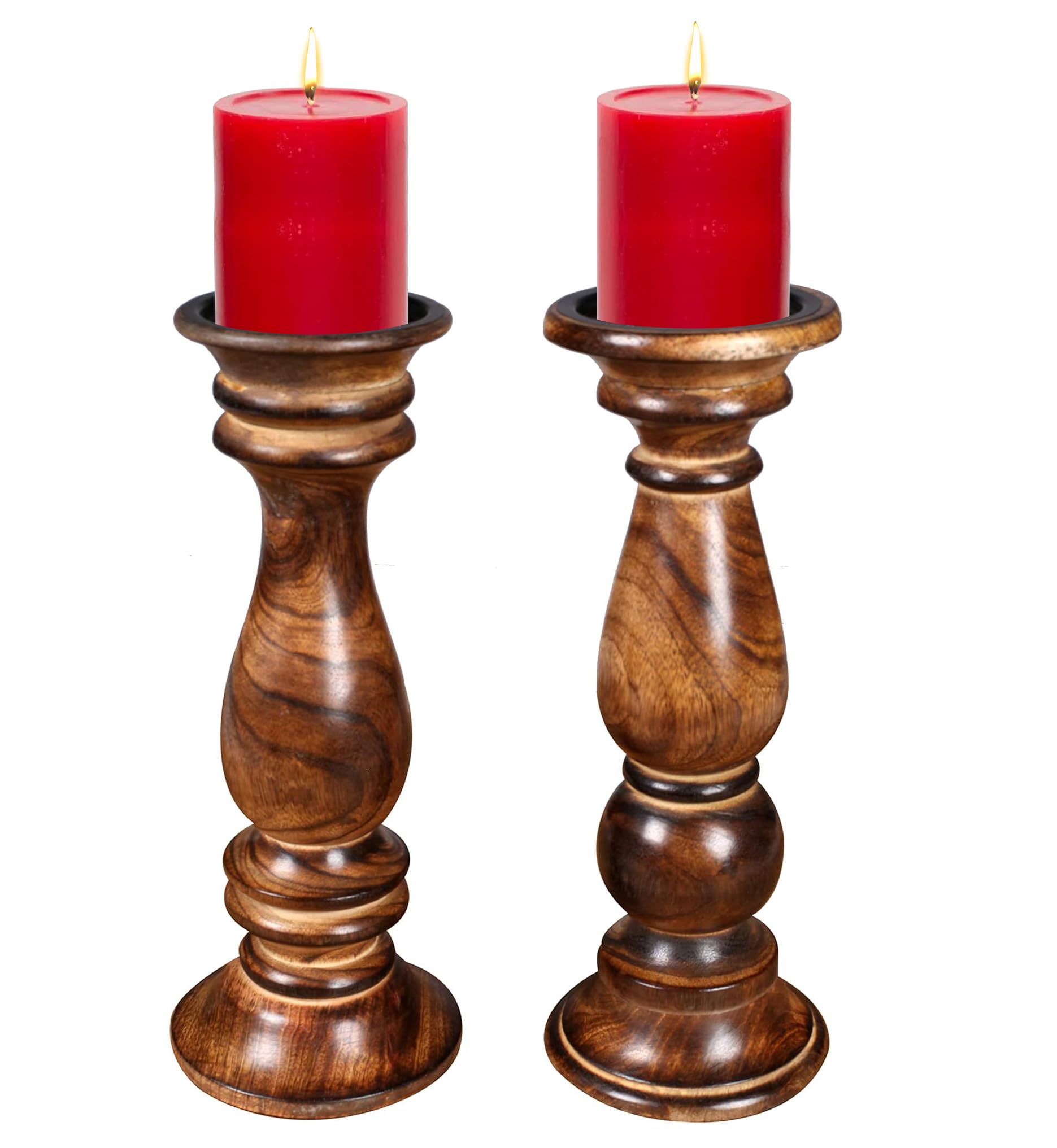 Candle Holders Set of 2 (12" Height,Dia 4.5")_Burnt Finish,Pillar Candle Holder in Mango Real Wood,Decorative Candle Holders for Table Centerpiece, Wedding, Party, Home Décor, Spa, Farmhouse, Gifting