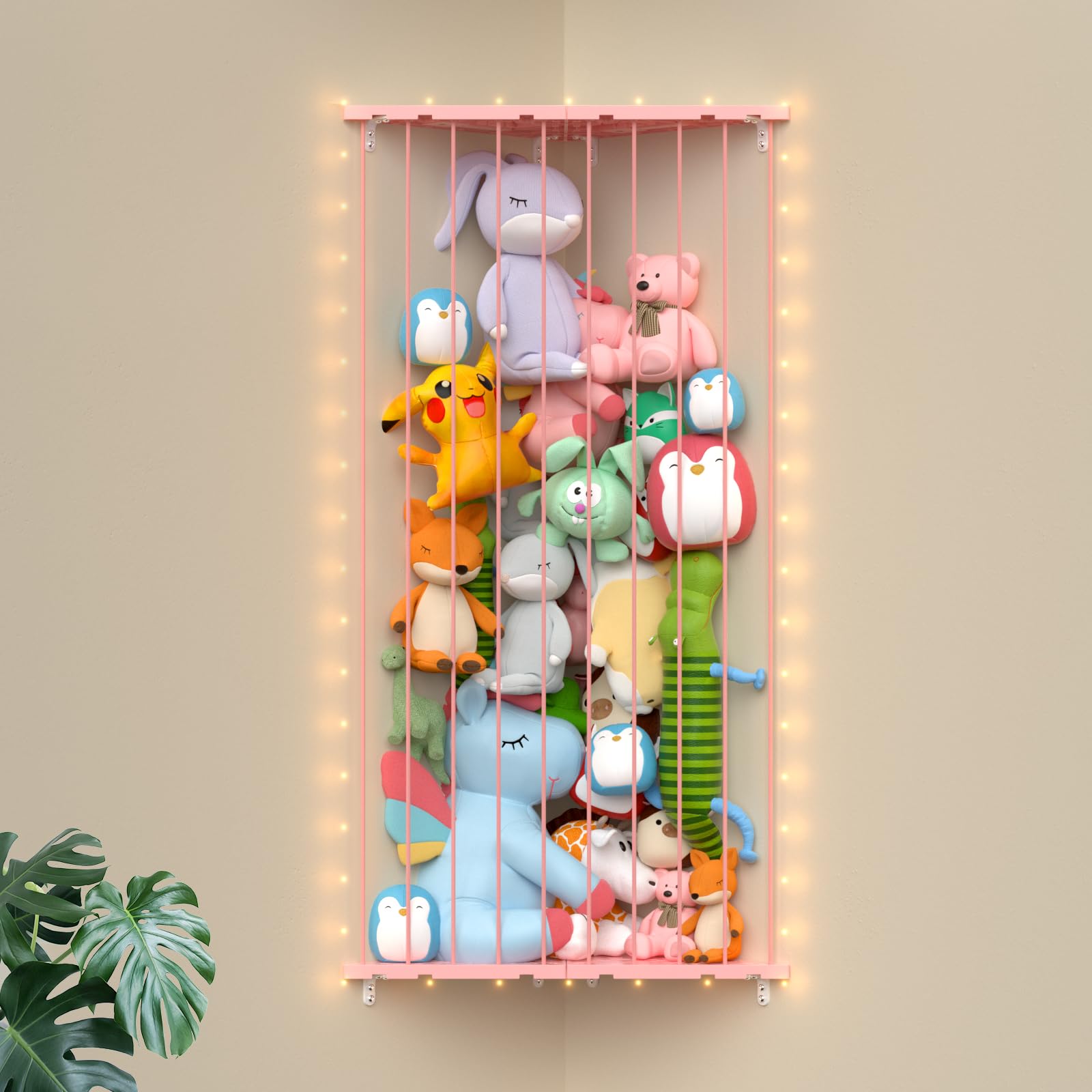 GGUO Corner Stuffed Animal Storage Net - 2-in-1 Large Stuffed Animals Holder with Light - Plush Organizer Hanging Stuffed Animal Hammock for Wall (Pink) Image