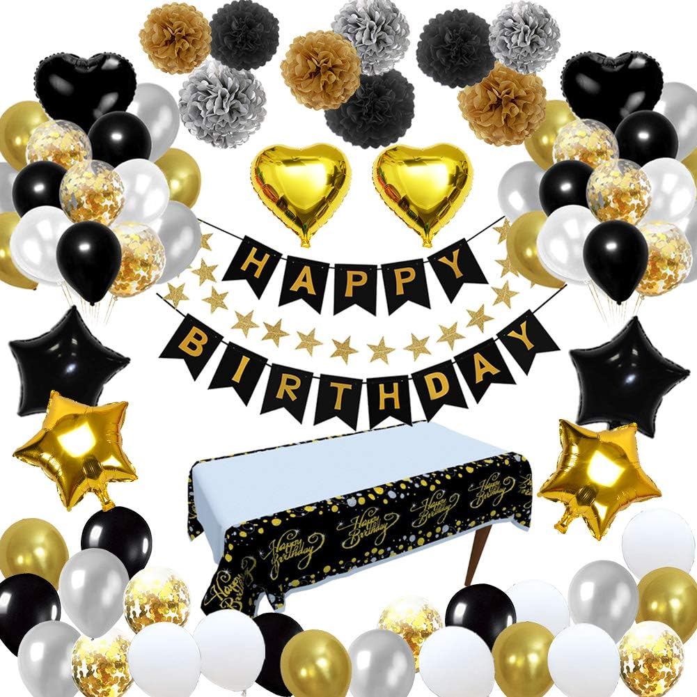 Birthday Decorations (84pcs) Black and Gold Birthday Party
