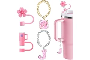 COO&KOO Straw Cover for Stanley Cup Accessories - Unique Crystal Letter Charms for Stanley Cups, Cute Flower & Cup Silicone Straws Topper Covers for 30 & 40 0z Tumbler with Handle, 10mm 0.4in Straw Lid Cap