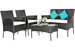 DORTALA Wicker Patio Furniture Set 4 Piece, Outdoor Table and Chairs & Cushions, Loveseat, All-Weather Rattan Conversation So