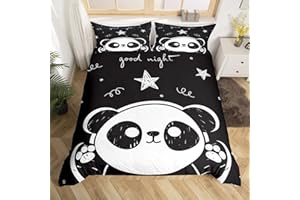 Homewish Panda Bedding Set 3pcs for Kids Boys Girls White Black Comforter Cover Cute Cartoon Pandas Stars Printed Duvet Cover Set Animal Bedspread Cover with 2 Pillow Cases(No Comforter) Full Size