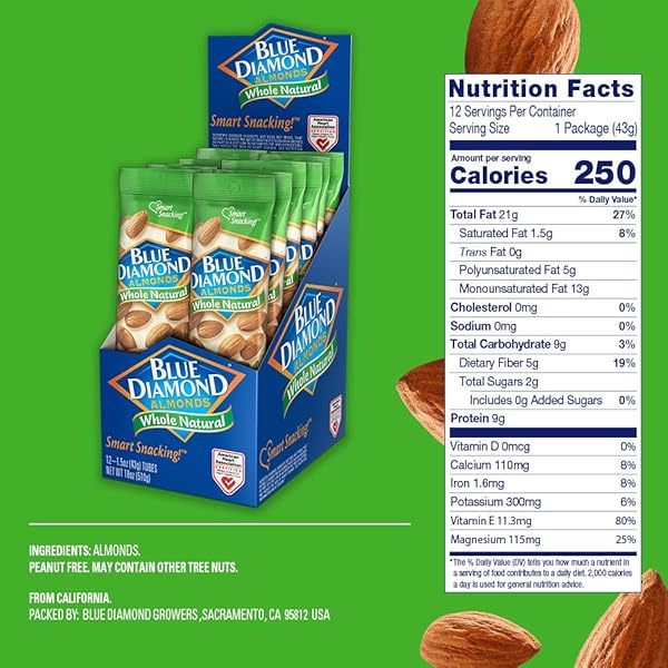 BLUE DIAMOND ALMONDS, WHOLE NATURAL FLAVORED SNACK NUTS, SINGLE SERVE BAGS (1.5 OZ. TUBES, PACK OF 12)