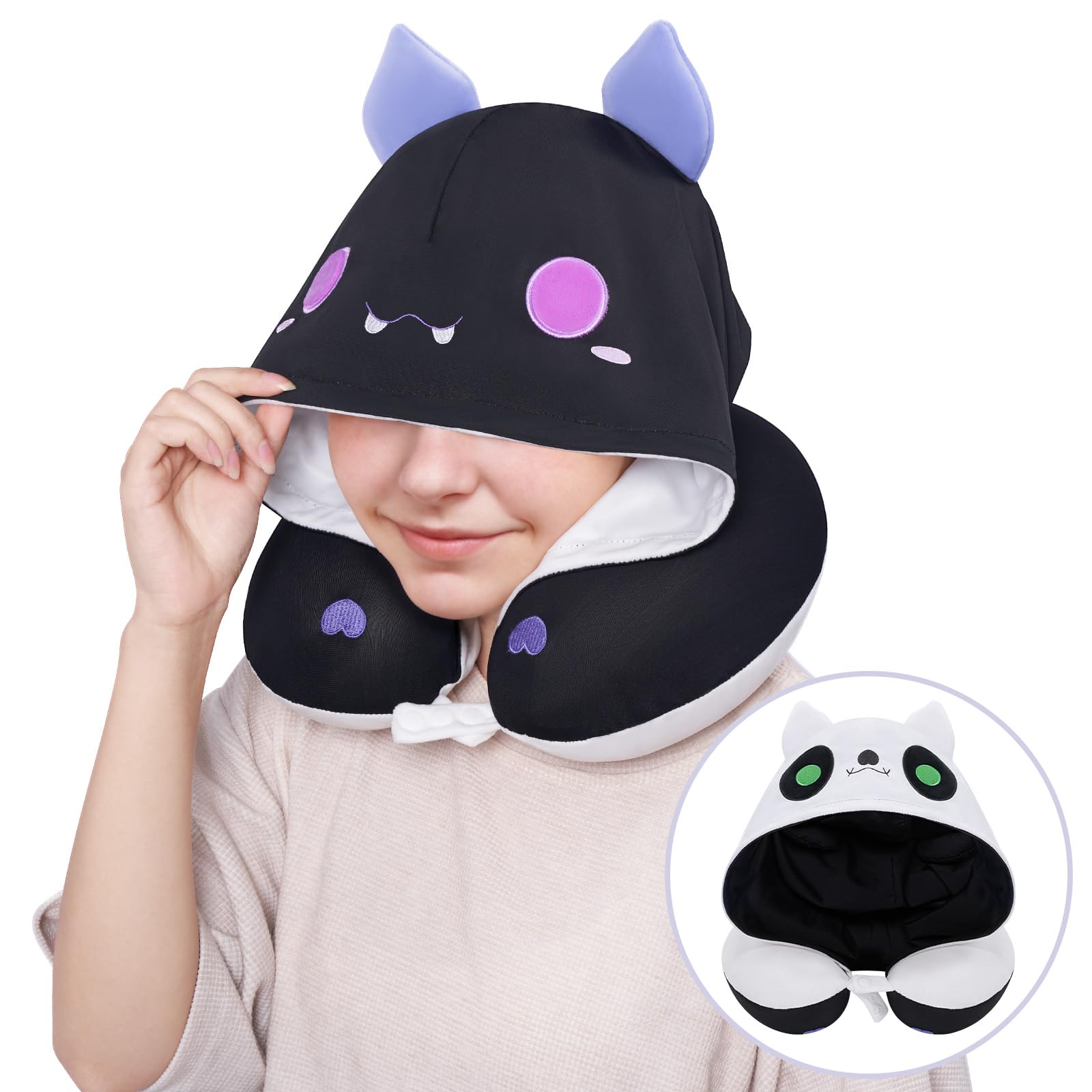 Mewaii Travel Neck Pillow with Hood, Double Sides Bat Neck Pillow for Kids & Adults, Memory Foam Travel Pillow for Airplane, Soft Velvet & Cooling Ice Silk Fabric Flight Pillow with Adjustable Strap