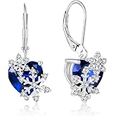 Oskani Snowflake Earrings for Women 925 Sterling Silver Heart Birthstone(White/Aquamarine/Sapphire/Pink) Leverback Earrings Cubic Zirconia Dangle Drop Earrings Winter Christmas Jewelry