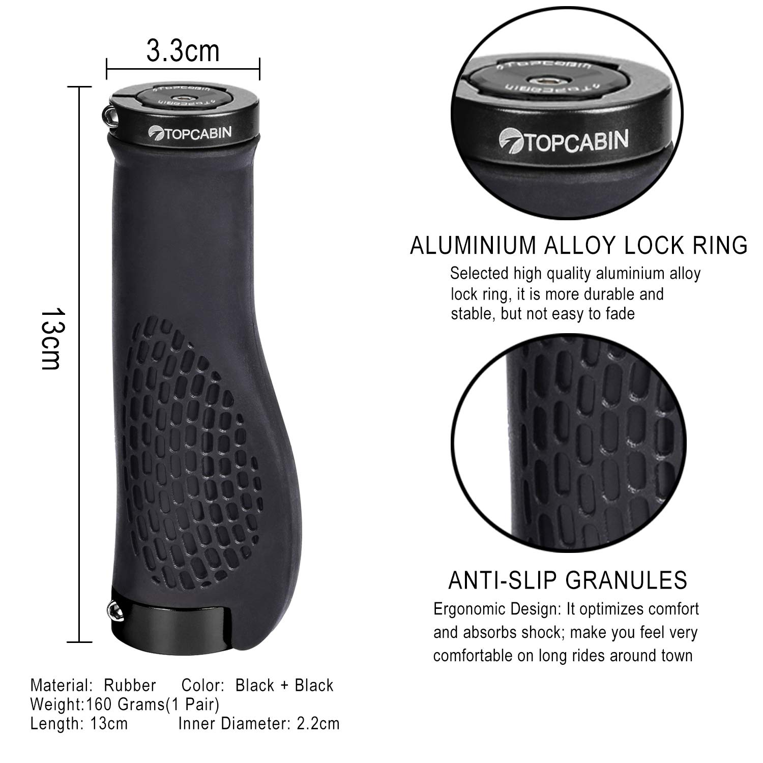 TOPCABIN Bike Grips,Ergonomic Design Bicycle Grips Widen Holding Rubber Bike Handlebar Grips with Aluminum LockGrips for Bike Mountain Road MTB ((Aluminum Lock Plug+Grips) Black 1 Pair) - view 2