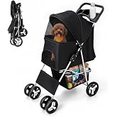 ZENY Foldable Pet Stroller, Cat/Dog Stroller with 4 Wheels | Pet Travel Carrier Strolling Cart with Storage Basket, Cup Holder, Black