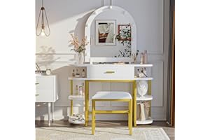 Semiocthome White Vanity Mirror with Lights and Table Set with Drawers, 9 LED Lights Makeup Vanity Desk with Stool, Girls Vanity Table with 6 Shelves, Gold Metal Frame Dressing Table with Chair