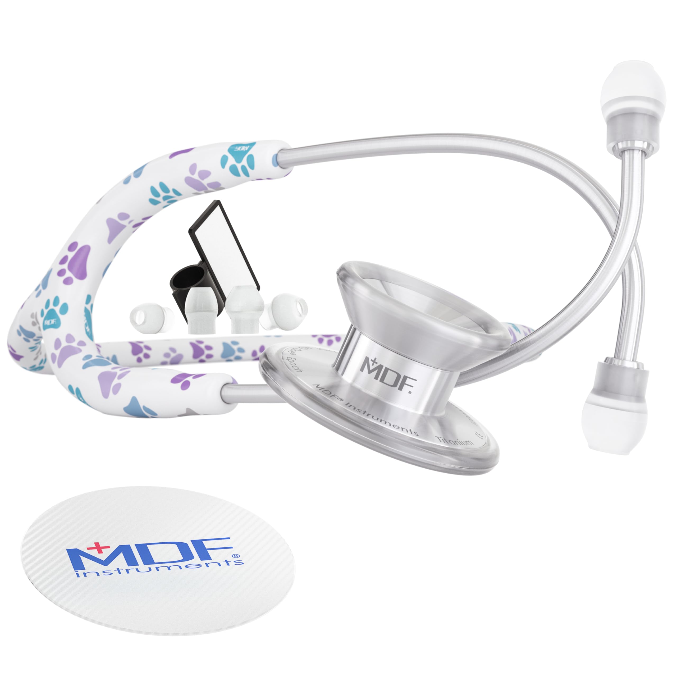 MDF Instruments, MD One Epoch Lightweight Titanium Stethoscope, Adult, Paws Tube, Silver Chestpieces-Headset, MDF777TPW