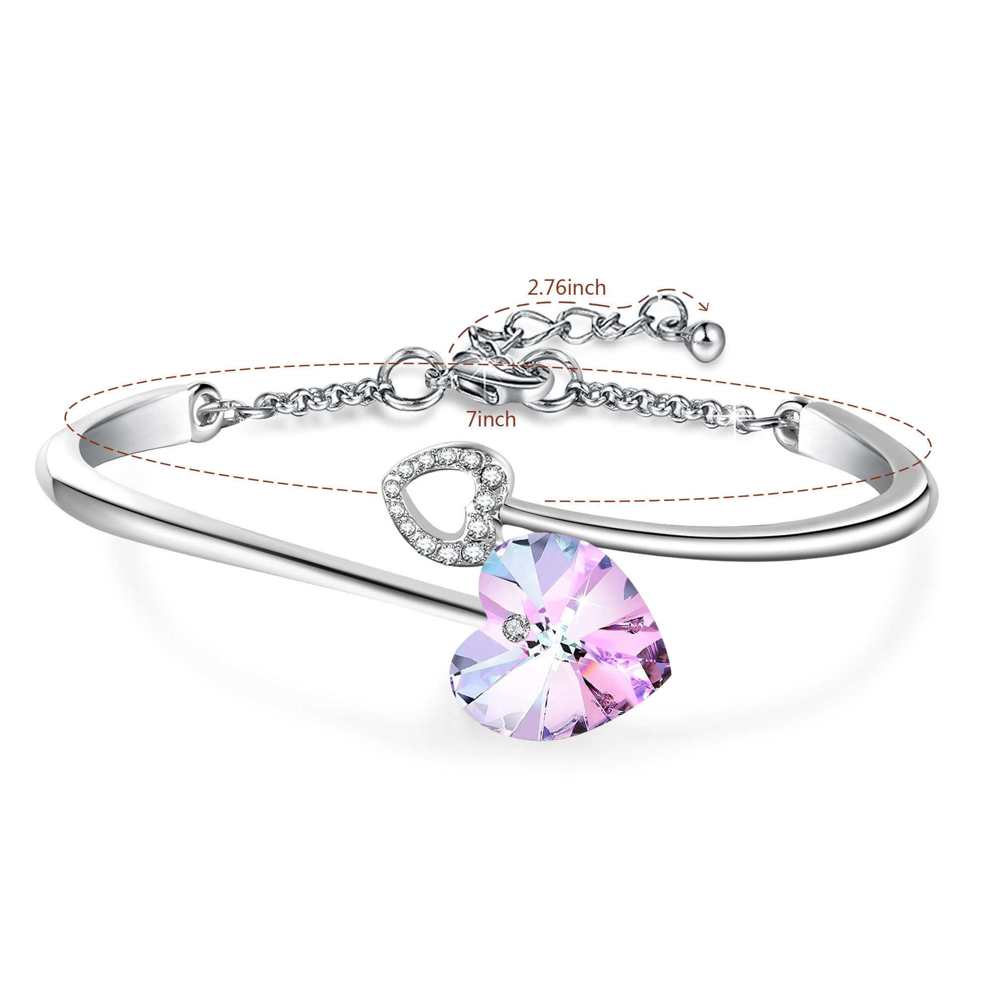 Angelady Love Story Heart Link Bangle Bracelet for Women Girl Birthday Anniversary Wedding Gifts,Adjust Chain Bracelet Graduation Anniversary Gift,Crystal from Swarovski (Purple Pink)