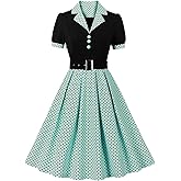 1950s Dresses for Women Vintage Rockabilly Retro Short Sleeve Tie Midi Dress Cocktail Party Evening Prom Gown