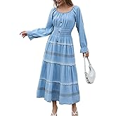 DREFBUFY Women's Elegant Scoop Neck Ruffle Puff Long Sleeve Denim Elastic Waist A-line Cotton Flowy Long Maxi Dress