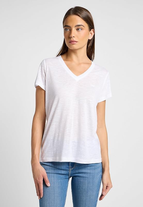 - Tee Shirt Femme - Coupe Regular - V Neck Tee - Blanc Éclatant