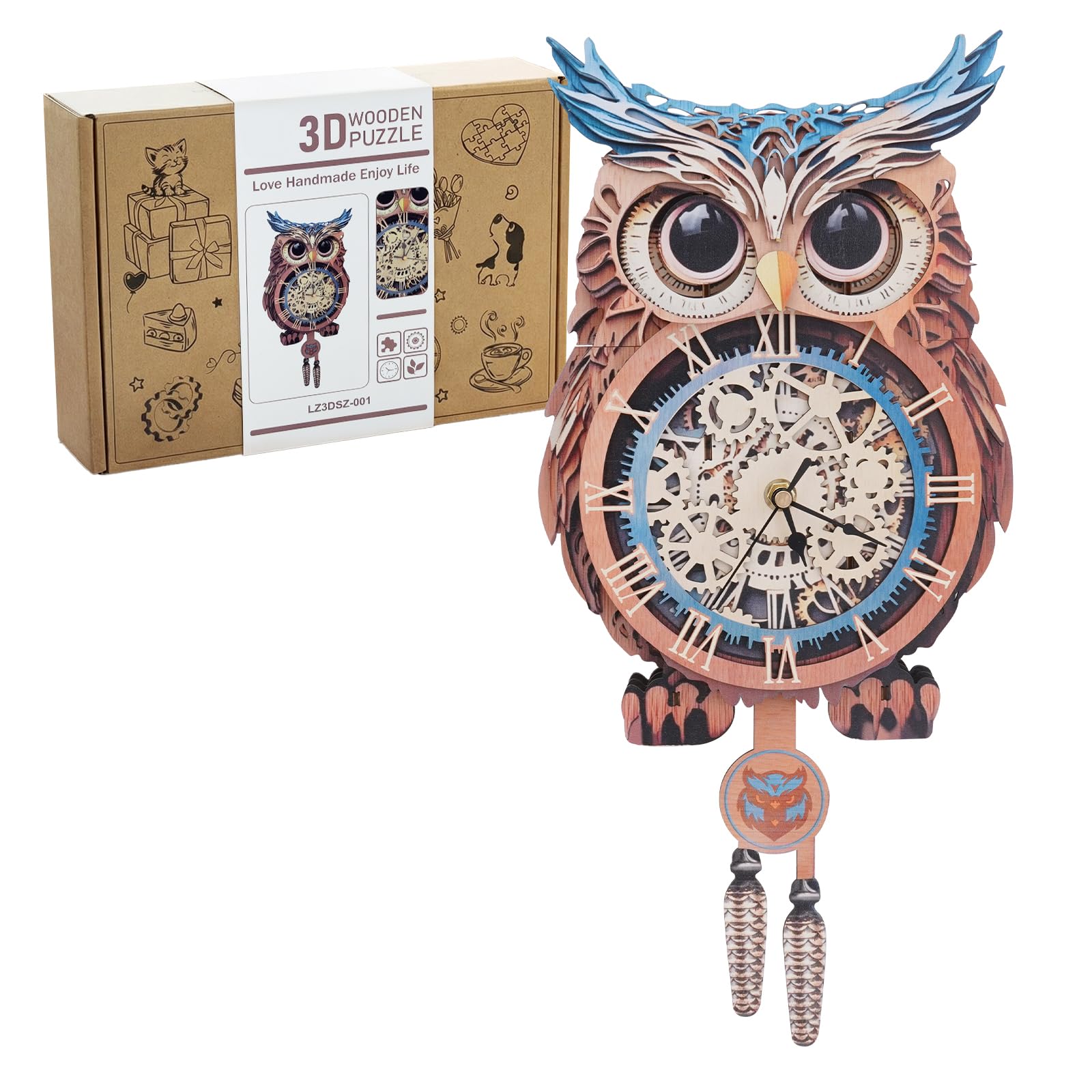 Lilcubics 3D Owl Puzzle Clock - Wooden Model Kit for Adults, Roman Numeral Wall Timepiece with Silent Movement, Owl Gifts for Women, Christmas Home Decor & STEM Gift for DIY Enthusiasts