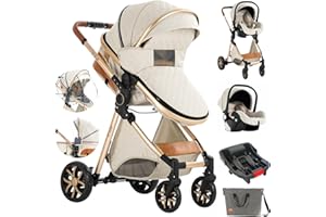 Aveainelle 3 in 1 Baby Stroller Travel System Combo Set, Reversible Infant Stroller with One-Click Folding, Convertible Newborn Toddler Pram Carriage with Aluminum Frame (UDV9-WHITE with Base)