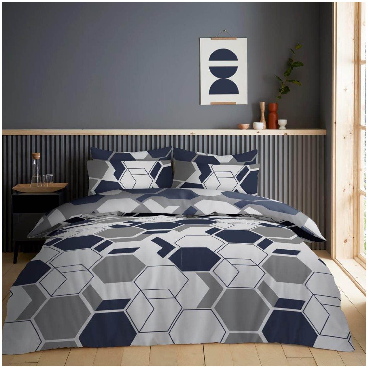 Super Dreamer Geometric Bedding Double Bed Set, Reversible Duvet Cover, Printed Complete Bed Set, Fitted Sheet with Pillowcases, Navy/Grey — image 1