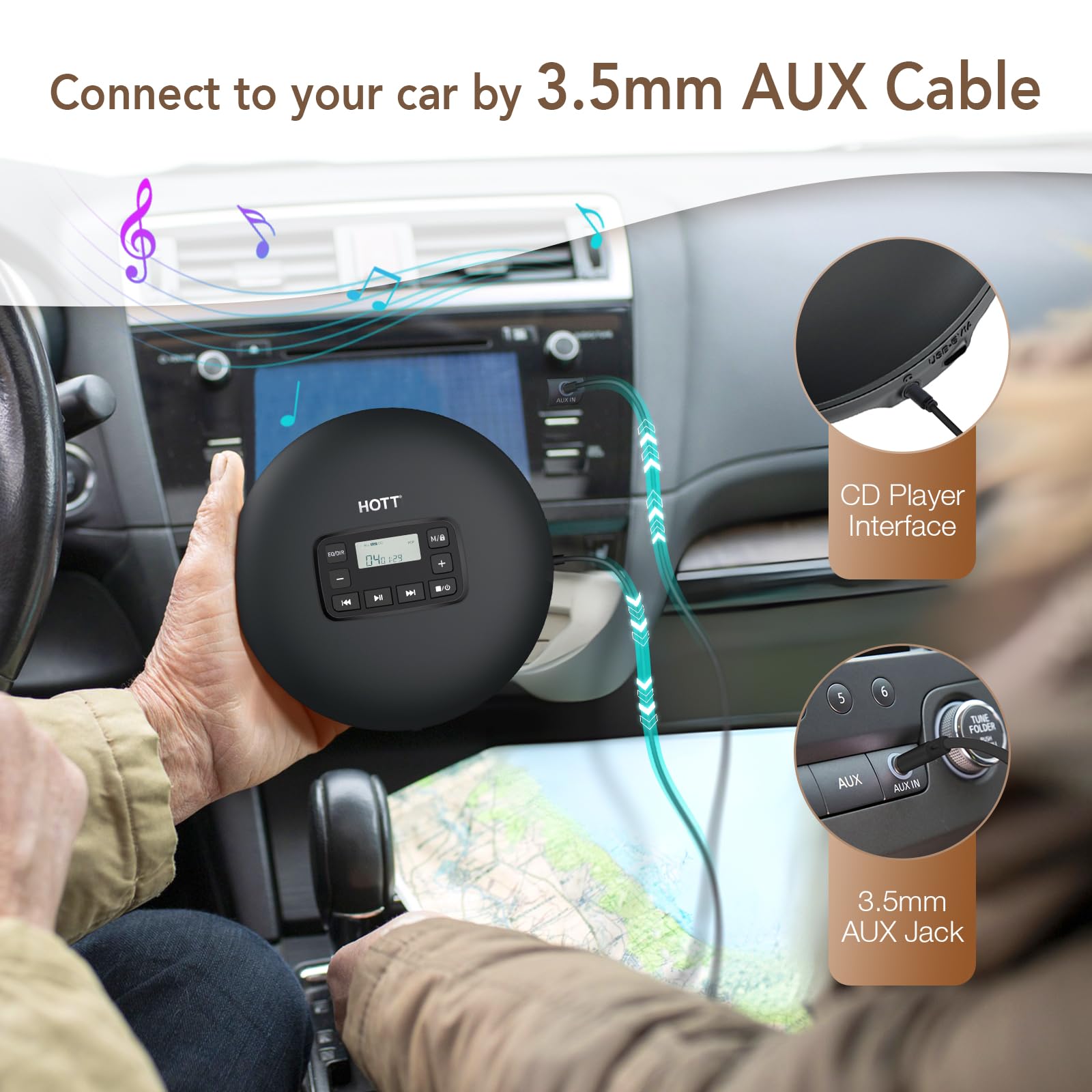 HOTT C204 Basic Portable CD Player with Anti-Skip Protection - AA Battery Powered, Compact CD Players MP3/CD-R Compatible, Built-in Headphones & AUX Output for Car, Home, Trave Multiple cd Players