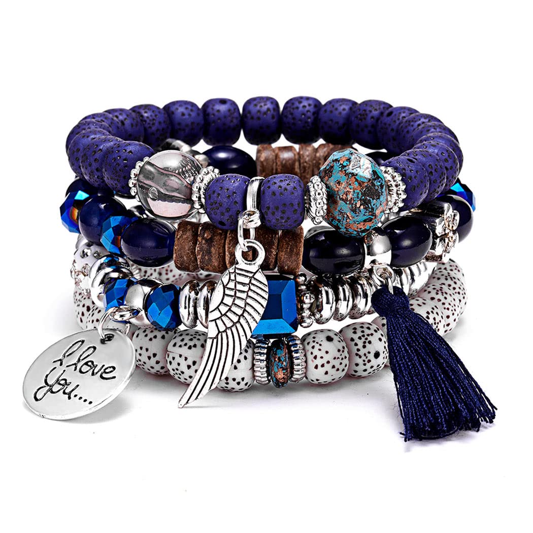 Branets Bohemian Beaded Bracelets Set Multilayer Stretch Tassel Bracelets Stackable Coin Wing Love Heart Bangles for Women and Girls