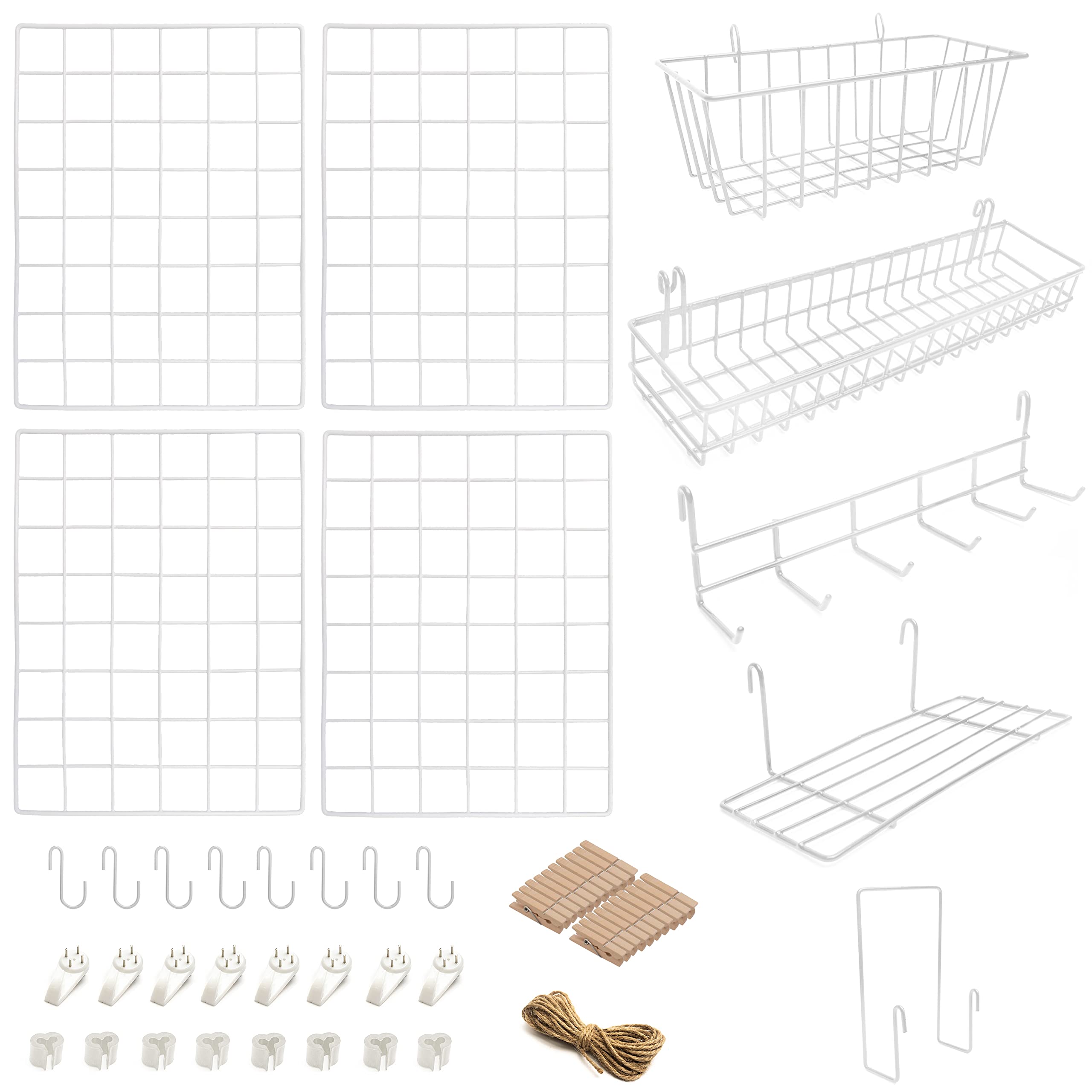 4 Pack Wire Wall Grid Panel With Accessories | Includes Hanging Baskets, Letter Sorter, Shelf & Hook Rack | Complete Set | Wire Notice Board | Hanging Home, Office & Kitchen Décor | Metal & White — image 1