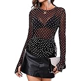 BBX Lephsnt Women Mesh Tops Rhinestone Tops Long Sleeve Sheer Blouse See Through Shirt Sparkle Glitter Shirts Lace Tops