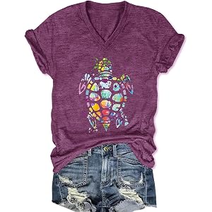 Women's V-Neck Graphic T-Shirts Boho Floral Short Sleeve Watercolor Print Tee Cute Vintage Summer Casual Tops