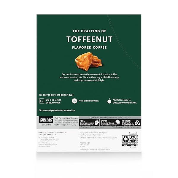 STARBUCKS K-CUP COFFEE PODS, TOFFEENUT FLAVORED COFFEE, NATURALLY FLAVORED, 100% ARABICA, 1 BOX (10 PODS)
