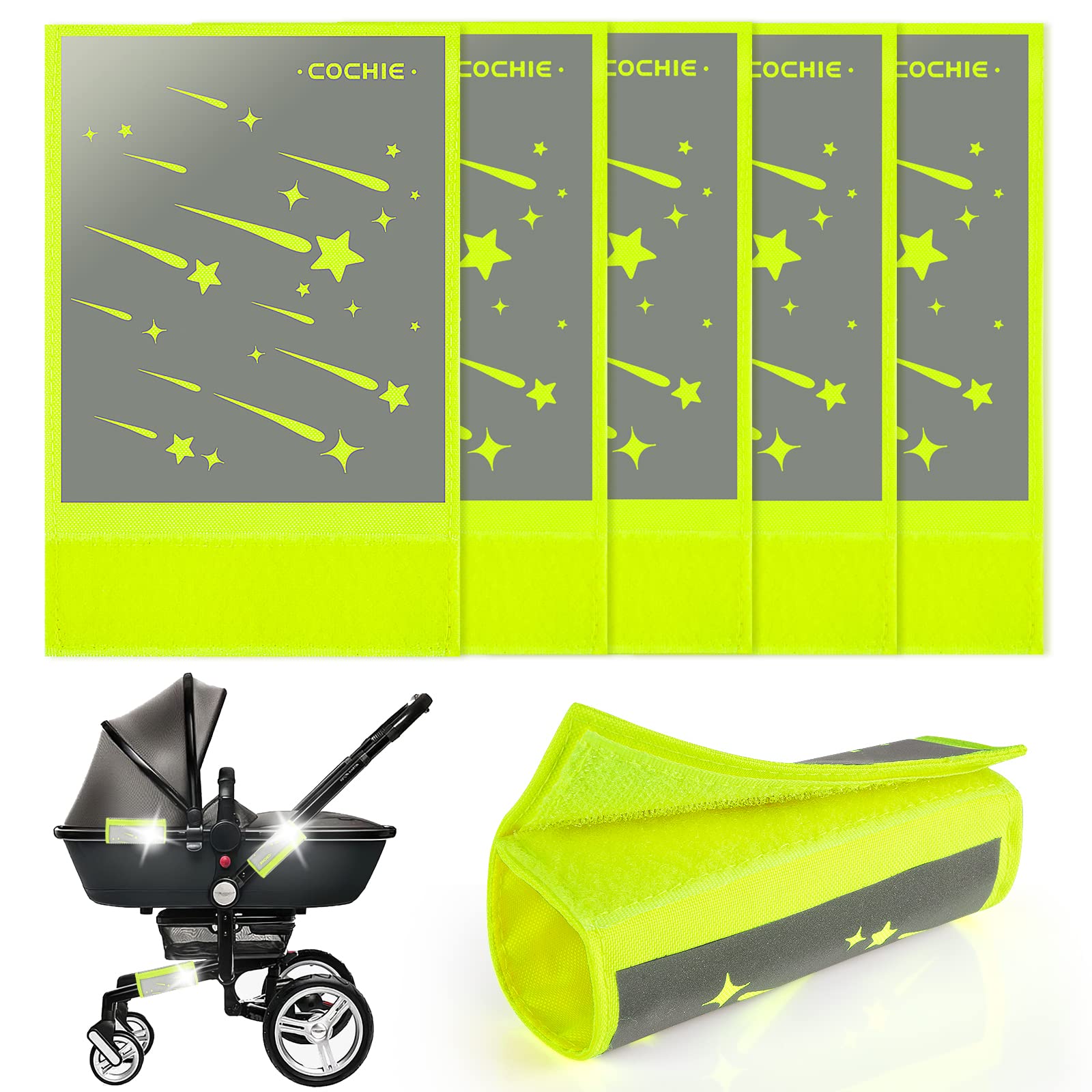 Pack of 5 Pushchair Reflectors with Fastening, Universal Safety Reflectors for Buggies, Bicycles, Trailers and More, Meteor Motif, Neon Yellow