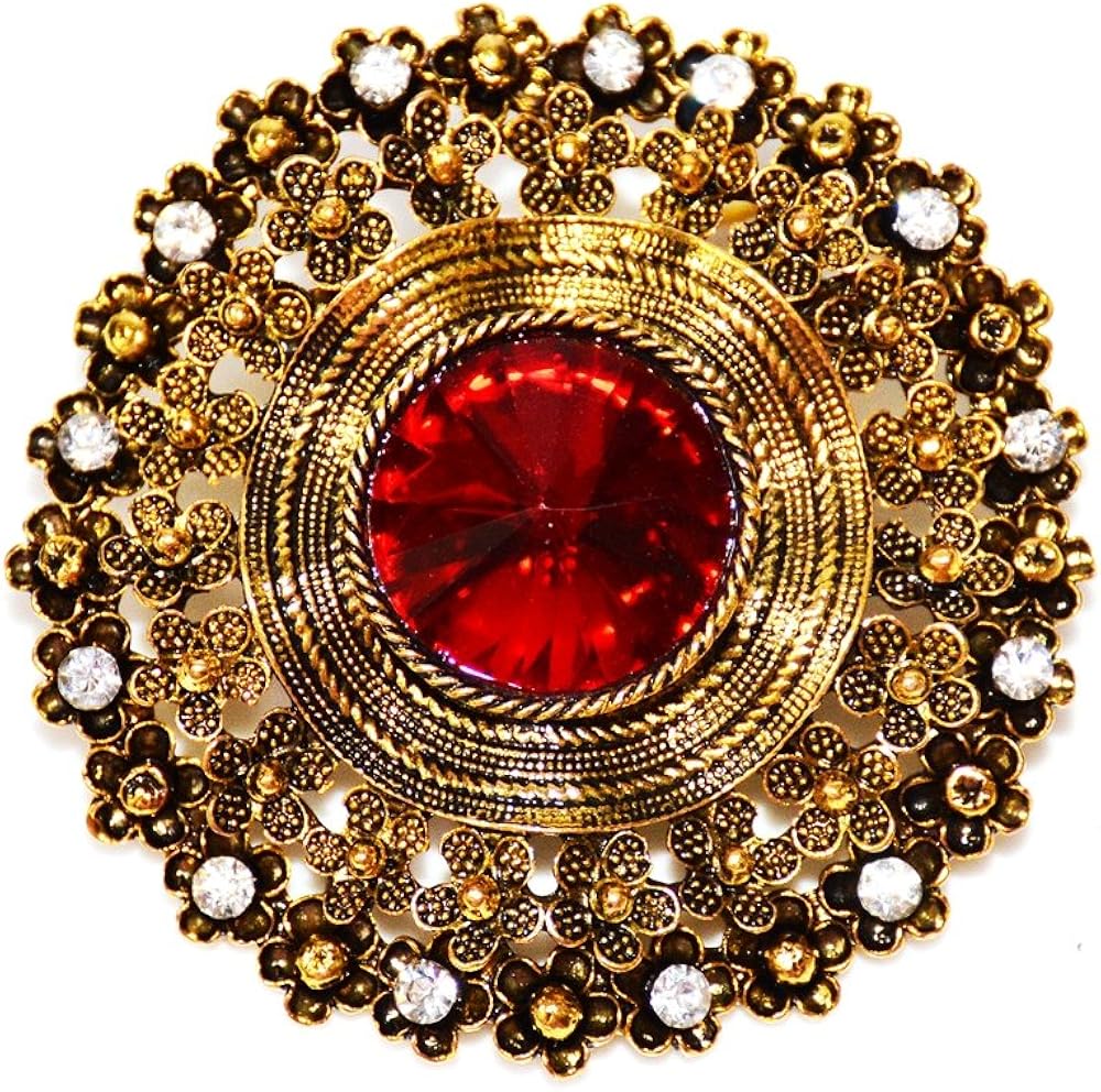 DREAMLANDSALES Antique Style Large Red Glass Stone Round Sash Brooch Pin Art Nouveau Jewelr