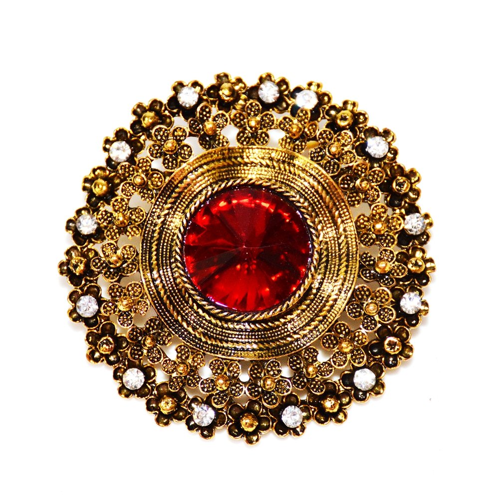 DREAMLANDSALES Antique Style Large Red Glass Stone Round Sash Brooch Pin Art Nouveau Jewelr