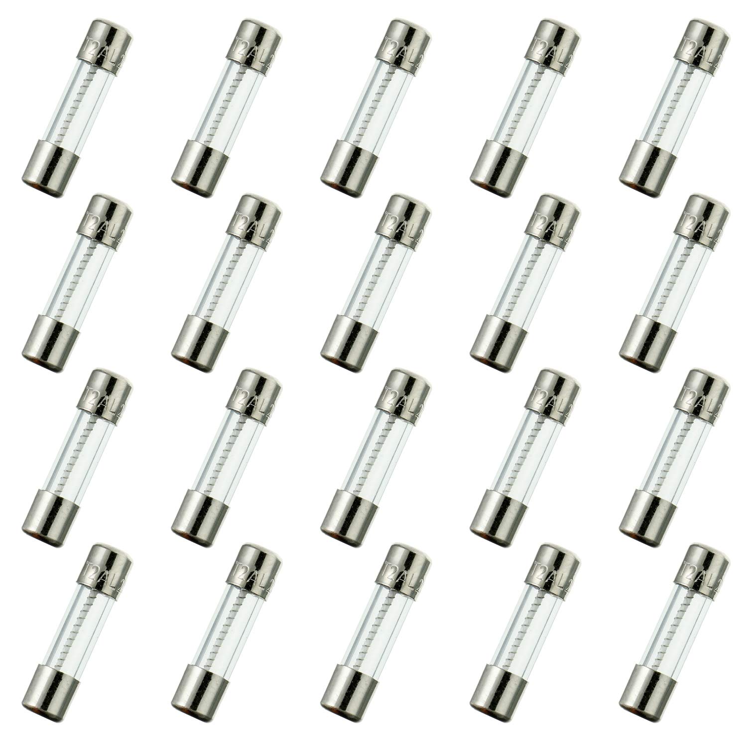 HUAREW T2AL250V 20 Pcs 5x20mm slow blow glass fuse 2A 250V 0.2 x 0.78 inch time delay fuse