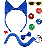 EchoElce Blue Cat Ears Headband Cat Tail Bowtie Set Yellow Glasses Heart 4 Button Patches Cat Costume Accessories for Story Book Day Dress Up, Halloween Party Cosplay Costume