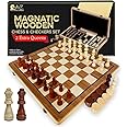 Magnetic Chess and Checkers Game Set - 15" (2 in 1) Folding Wooden Chess Sets for Adults & Kids with 2 Extra Queens | Travel Chess Board Game with Chess Pieces Storage Slots, Luxury Gift with Storage