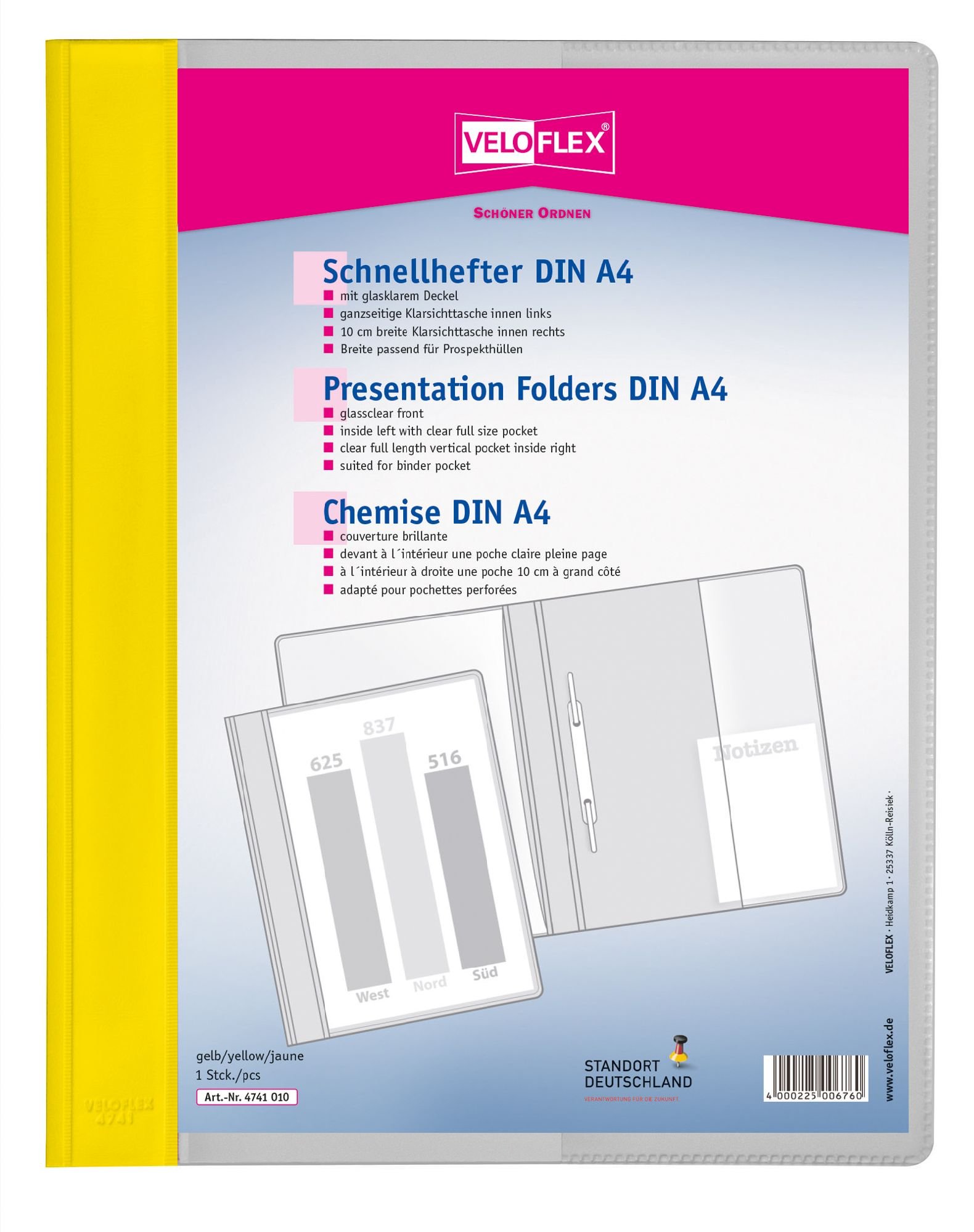 Veloflex 4741010 A4 Presentation Folders from PVC with Transparent Cover Yellow Side Border