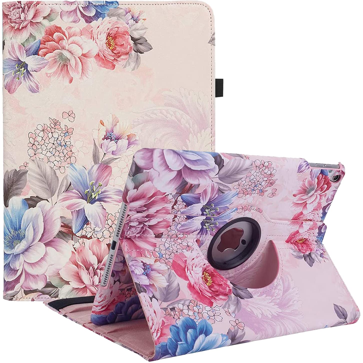 New Rotating Case for iPad 10.2" 9th / 8th / 7th Generation - 360 Degree Rotating Stand Protective Cover with Auto Sleep Wake for iPad 10.2 inch 2021 / 2020 / 2019 (Peony Flower)