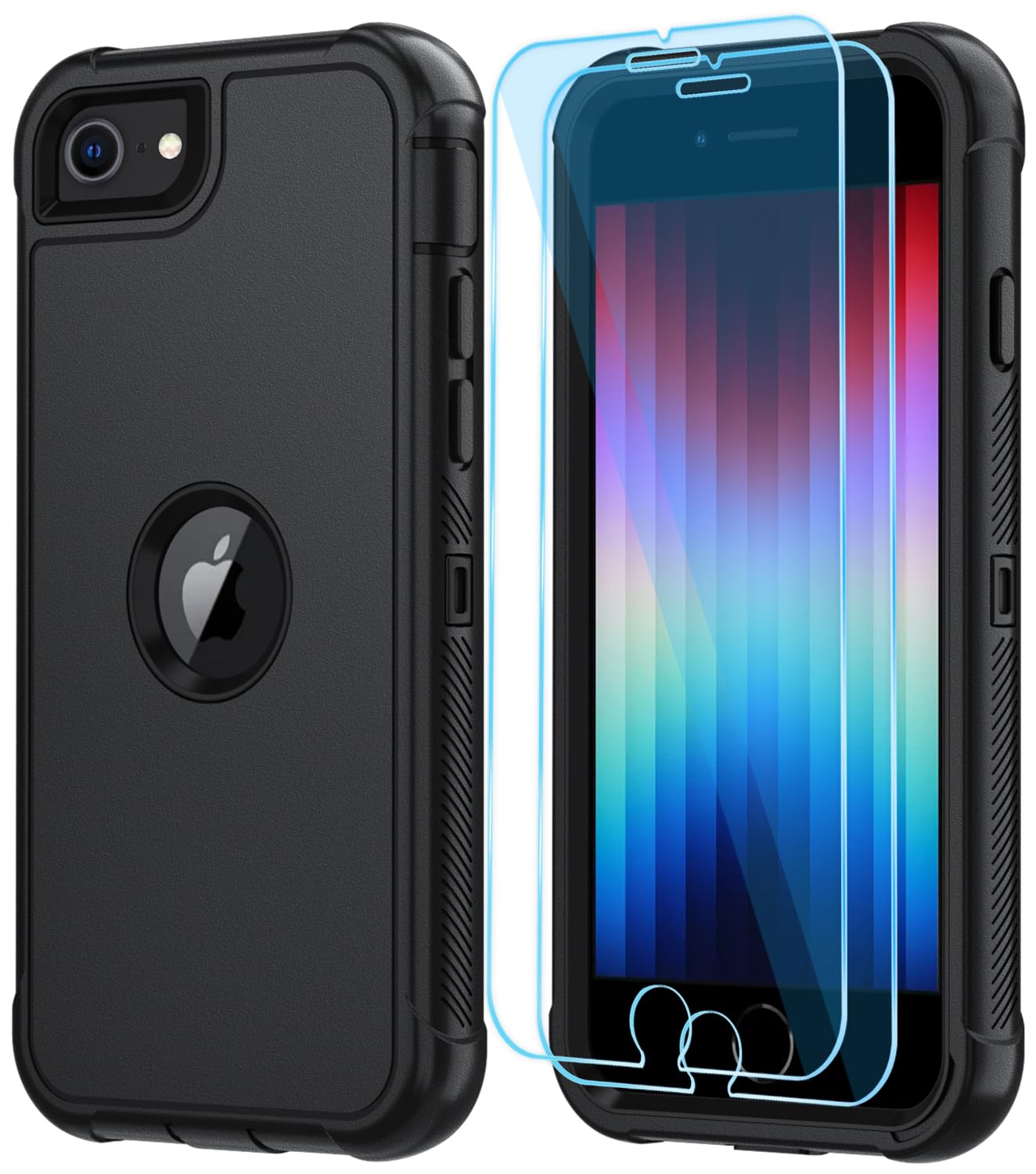SunStory Compatible with iPhone SE Case 2022/2020 with HD Screen Protector, 3-Layer Heavy Duty Full-Body Cover,3 in 1 Hybrid Protective Case for iPhone SE Case 2022/2020 4.7", Black