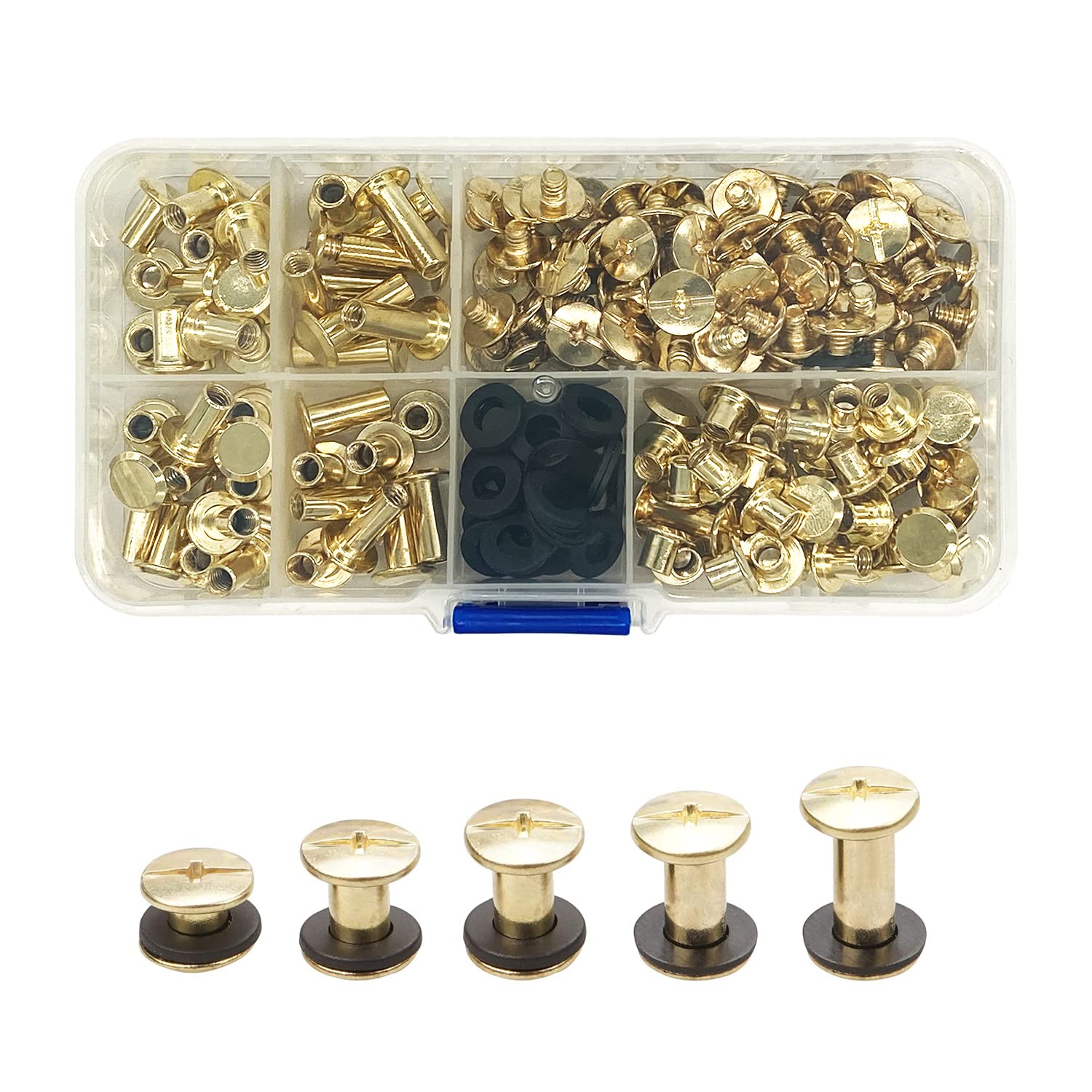 JJWNMLL 80 Set Chicago Screws 5/8/10/12/15mm Binding Screws Chicago Binding Screws Kit Gold Nail Rivet Chicago Button, Cross Head Chicago Screws for Leather Belt DIY Book Scrapbook Bookbinding…