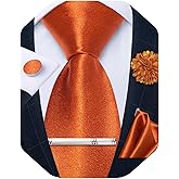 DiBanGu Mens Satin Tie with Lapel Pin Tie Clip Shiny Solid Color Necktie and Pocket Square Cufflinks Set for Wedding Party
