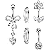OUFER 5PCS Belly Button Rings, Cute Bow Flower Heart Dangle Navel Belly Piercing Jewelry, Clicker Navel Rings for Women Men, 14G Surgical Steel Dainty Dangly Dangling Body Piercing Jewelry
